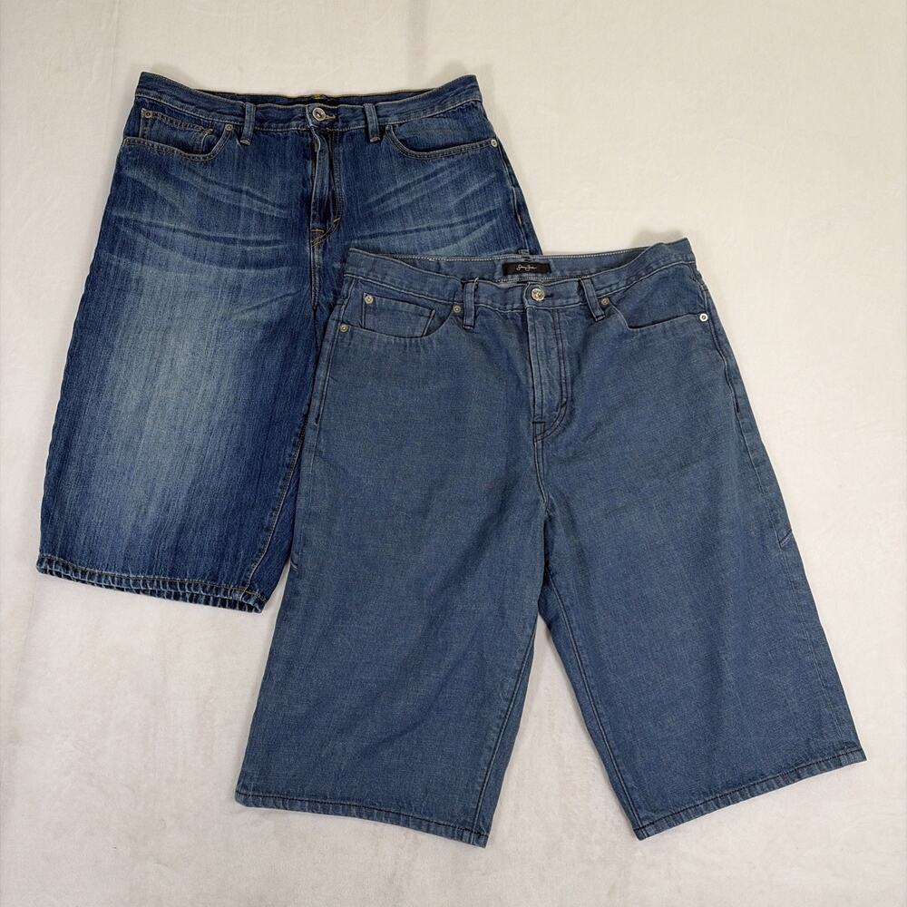 2) Y2K Sean John Jean Shorts Mens 36 Blue Baggy Grunge Streetwear Skater Vintage